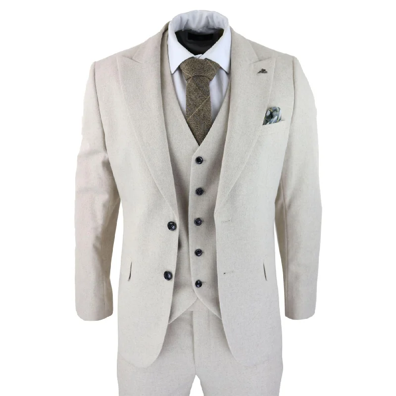 Mens Wool 3 Piece Cream Beige Suit Slim Fit Classic Wedding Party Vintage 1920s