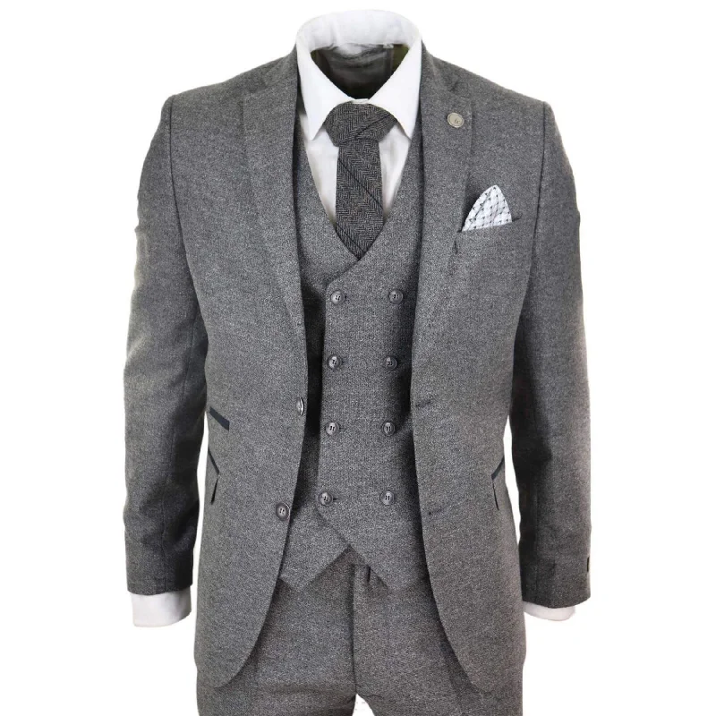 Mens Grey Wool 3 Piece Suit Double Breasted Waistcoat Tweed 1920s