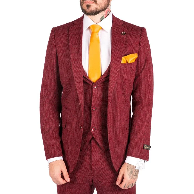 Mens Wool 3 Piece Suit Tweed Burgundy Black Tailored Fit Classic