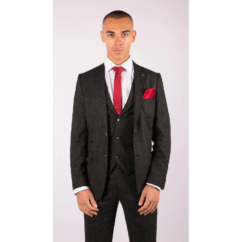 Mens Wool 3 Piece Suit Tweed Charcoal Black Tailored Fit Classic