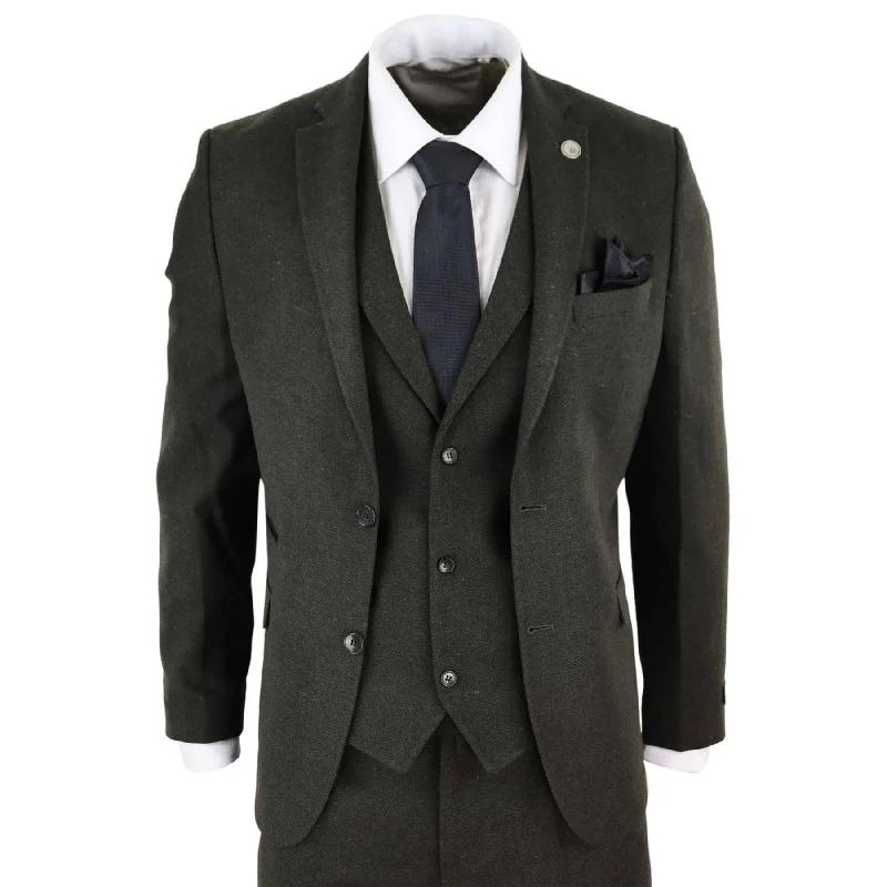 Mens Wool 3 Piece Suit Tweed Olive Green Black Tailored Fit Classic