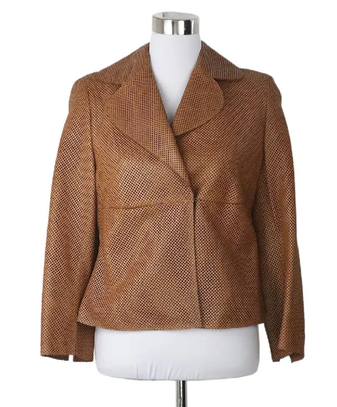 Men's Linen - Cotton Blend Blazer in Tan with Roll - Up Sleeves for a Laid - Back Summer LookAkris Brown Jacket w/ Perforated Leather sz 10