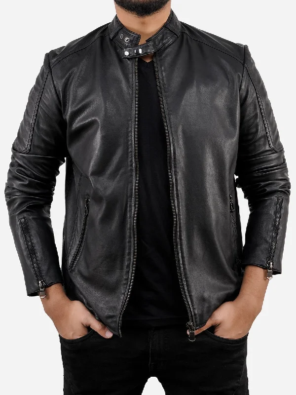 Men jackets with a built - in hood that can be stowed away when not in useAlfredo Black Cafe Racer Vintage Leather Jacket