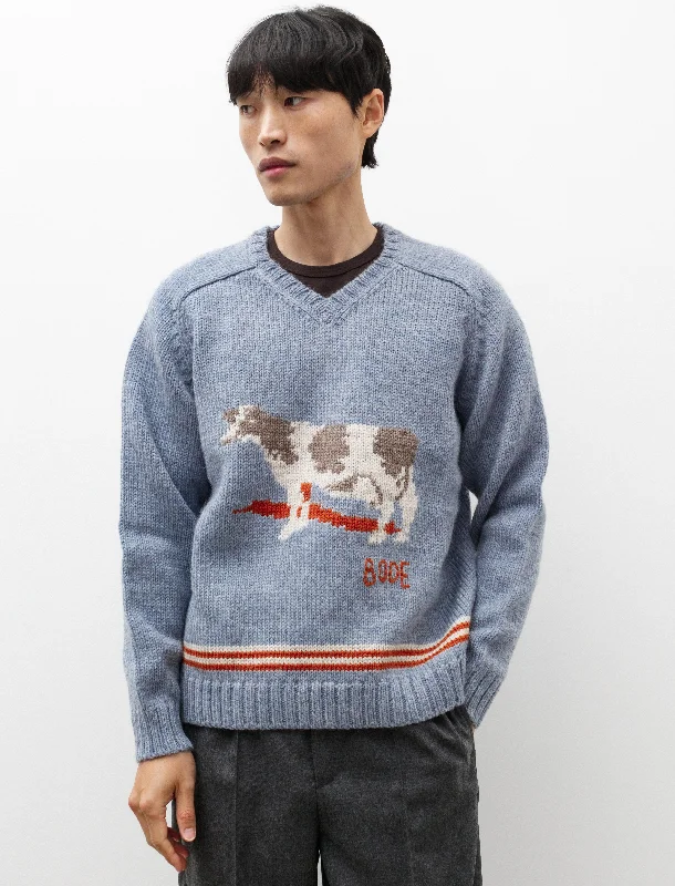 Men's knit tops with a stand - up collar for a modern edge​Cattle Sweater Blue