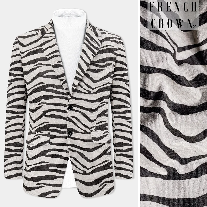 Bon Jour Cream and Tundora Gray Zebra Stripes Printed Corduroy Premium Cotton Blazer