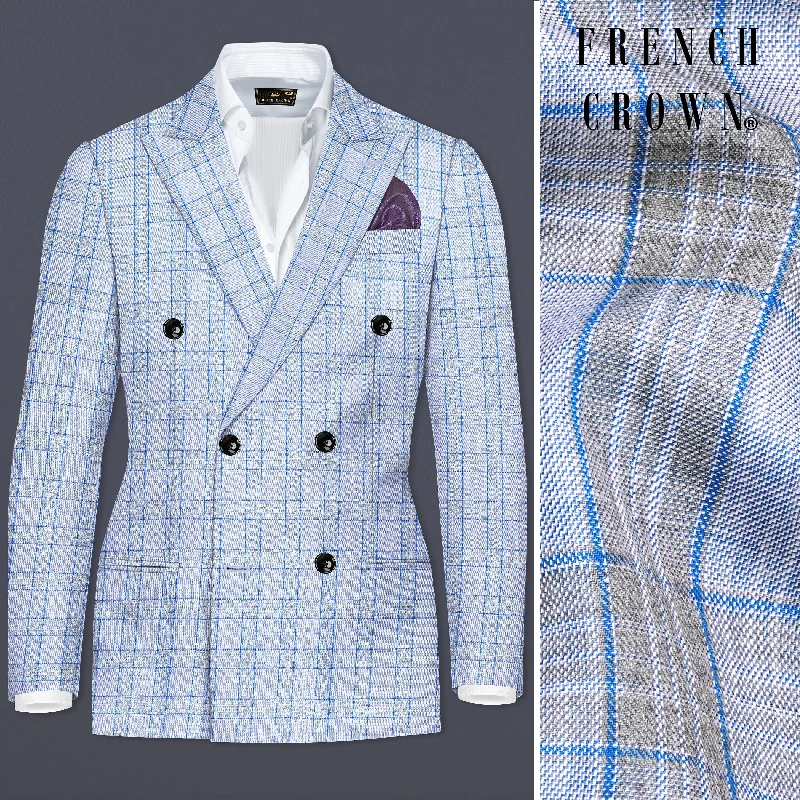 Carolina Blue Plaid Wool Blend Double Breasted Blazer