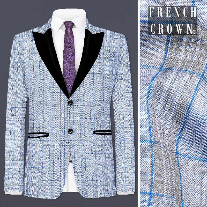 Carolina Blue Plaid Wool Blend Peak Collar Tuxedo Blazer