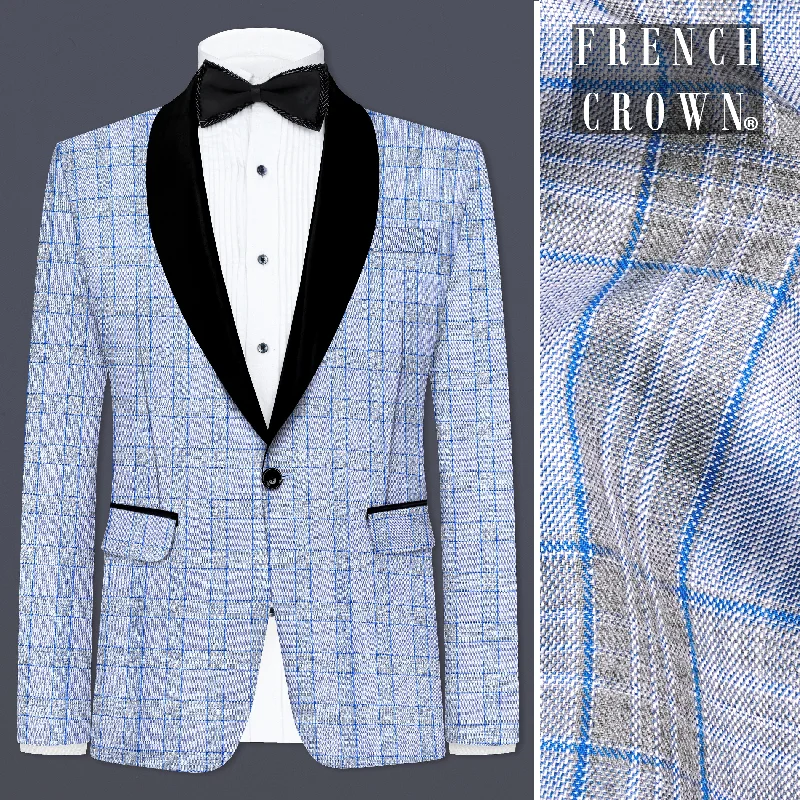 Carolina Blue Plaid Wool Blend Tuxedo Blazer