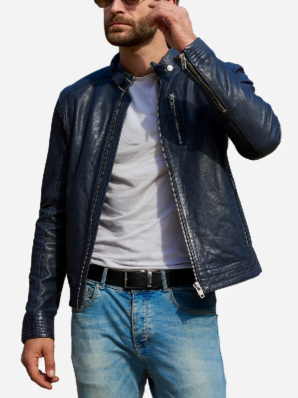 Stretch - fabric men jackets for unrestricted movement during workoutsCharlie Didrik Blue Leather Motorcycle Jacket Stretch - fabric men jackets for unrestricted movement during workoutsCharlie Didrik Blue Leather Motorcycle Jacket