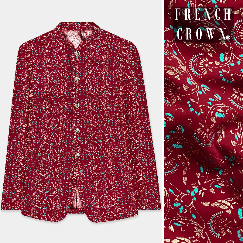 Men's Double - Breasted Velvet Blazer in Burgundy for a Sophisticated Evening OutfitClaret Red And Aqua Marine Blue Velvet Printed Designer Bandhgala Jodhpuri