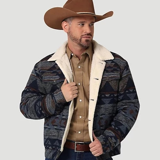 Corduroy men jackets in earthy tones for a rustic charmWrangler Men's Sherpa Lined Jacquard Print Jacket in Pageant Blue Corduroy men jackets in earthy tones for a rustic charmWrangler Men's Sherpa Lined Jacquard Print Jacket in Pageant Blue