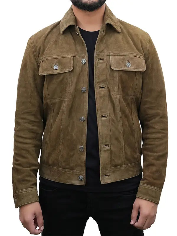 Men jackets with a media - friendly pocket for easy access to gadgetsCorey Olive Green Suede Trucker Jacket Men jackets with a media - friendly pocket for easy access to gadgetsCorey Olive Green Suede Trucker Jacket