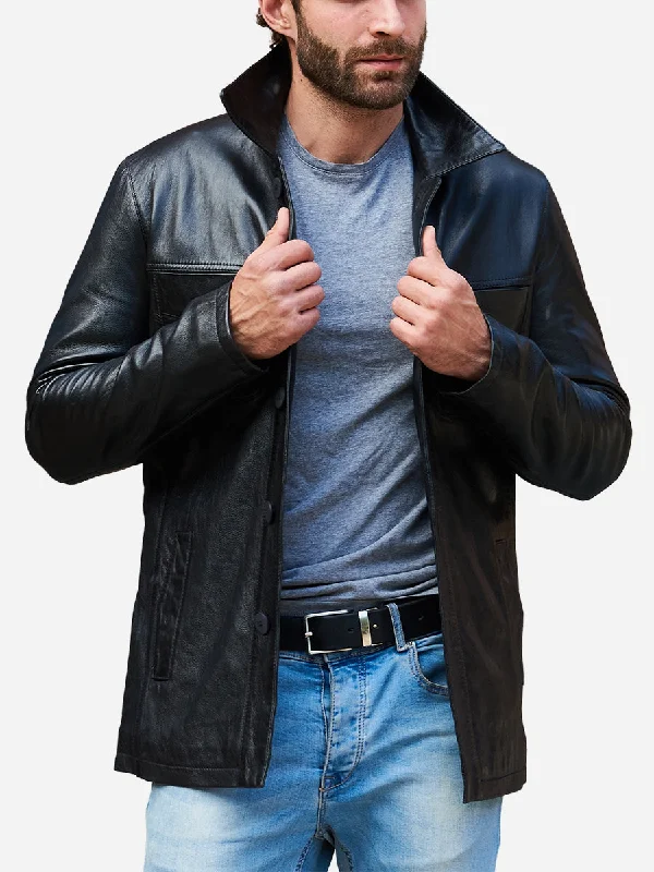 Men jackets with a media - friendly pocket for easy access to gadgetsDereck Casual Black Real Leather Jacket Men jackets with a media - friendly pocket for easy access to gadgetsDereck Casual Black Real Leather Jacket