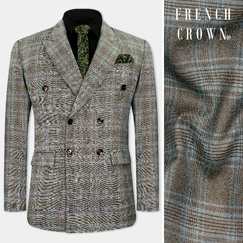 Dorado Brown with Casper Gray Plaid Wool Rich Double Breasted Blazer