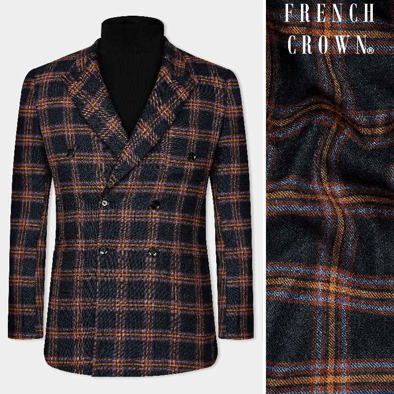 Ebony Blue and Mocha Brown Plaid Tweed Double Breasted Blazer