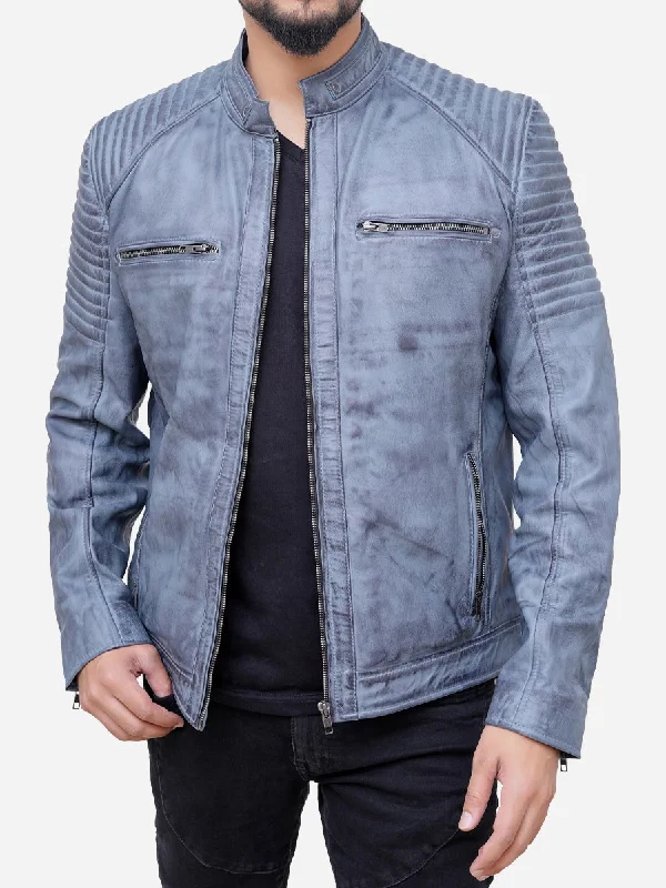 Men jackets with a media - friendly pocket for easy access to gadgetsEdison Distressed Grey Leather Motorcycle Jacket Men jackets with a media - friendly pocket for easy access to gadgetsEdison Distressed Grey Leather Motorcycle Jacket