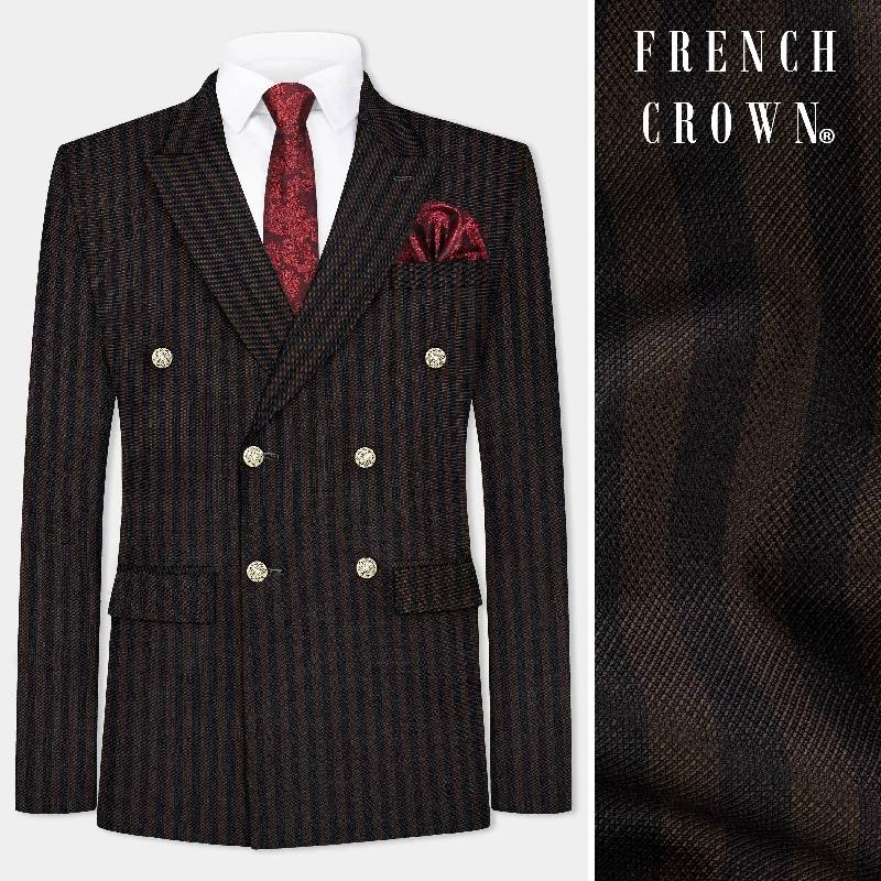 Athletic Fit Men's Olive Green Corduroy Blazer with Patch Pockets for a Rustic and Casual StyleEternity Brown With Vulcan Black Striped Wool Blend Double Breasted Blazer