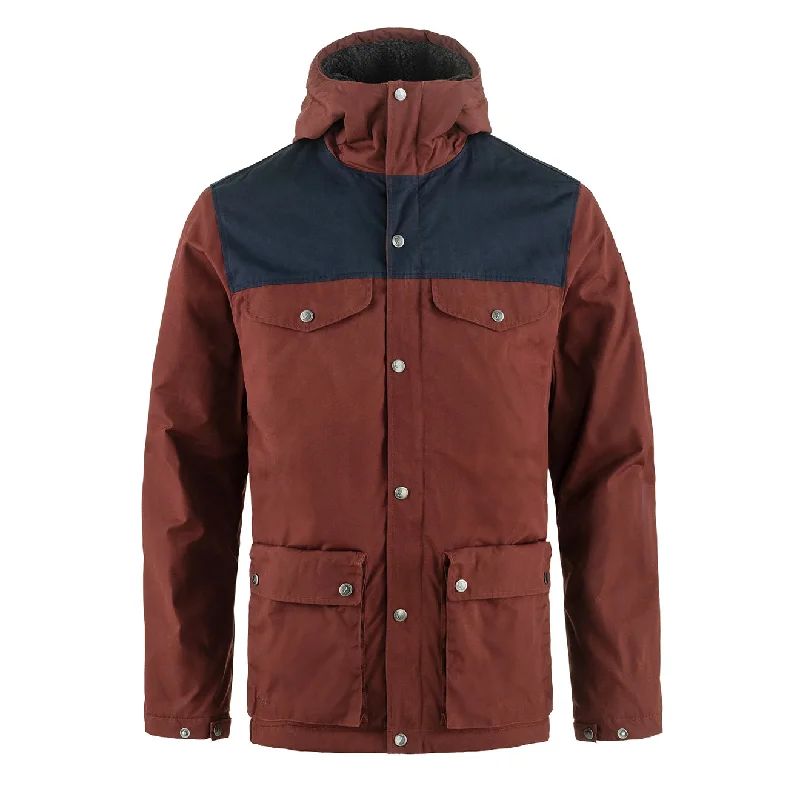 Men jackets with a built - in hood that can be stowed away when not in useFjallraven Greenland Winter Jacket Maroon / Dark Navy Men jackets with a built - in hood that can be stowed away when not in useFjallraven Greenland Winter Jacket Maroon / Dark Navy