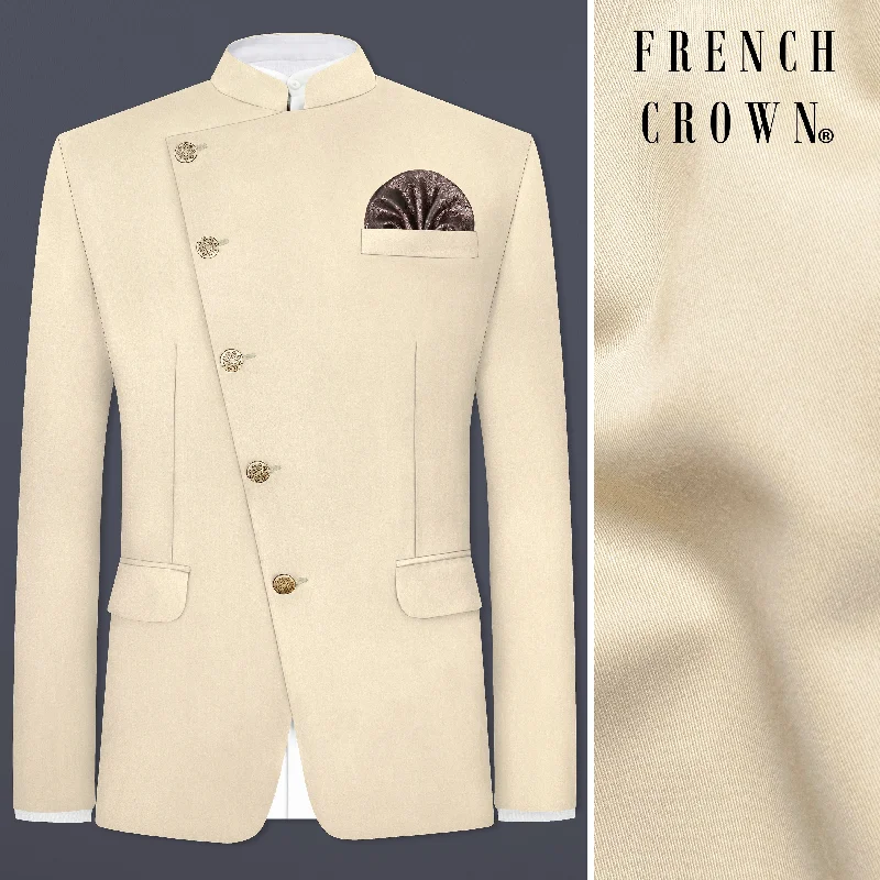 Tall Men's Black Leather Blazer with Zipper Details for a Modern and Edgy LookHampton Cream Solid Wool Blend Cross Placket Bandhgala Blazer
