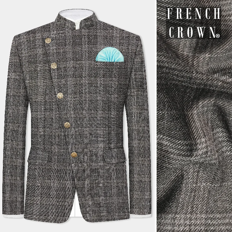 Plus Size Men's Floral Print Blazer in Pink and Purple for a Bold and Fashion - Forward StatementIridium Gray Plaid Tweed Wool Blend Cross Placket Bandhgala Blazer