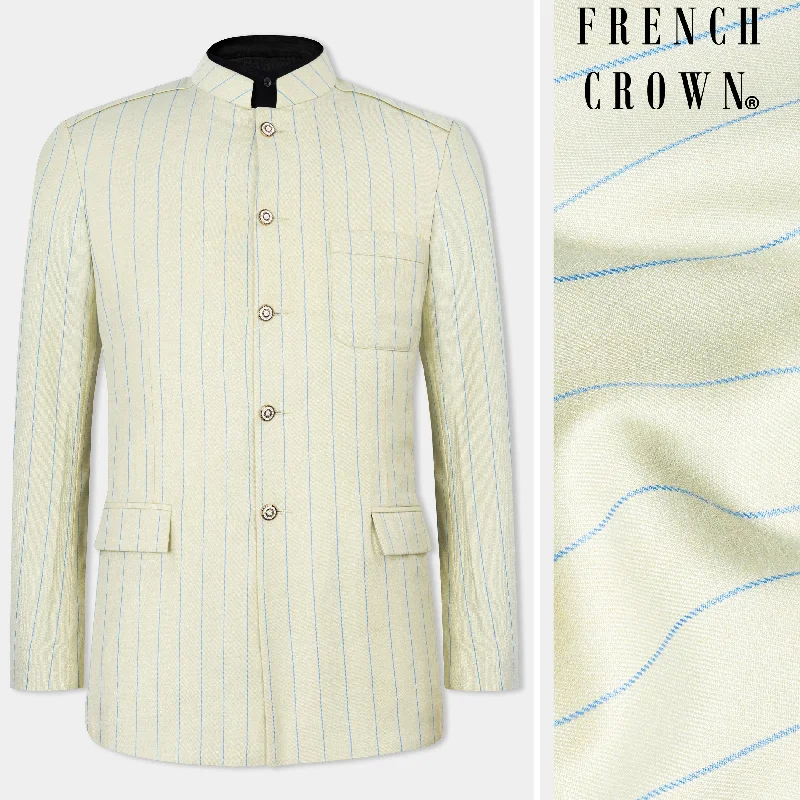 Ivory Cream with Celestial Blue Striped Wool Rich Bandhgala Blazer