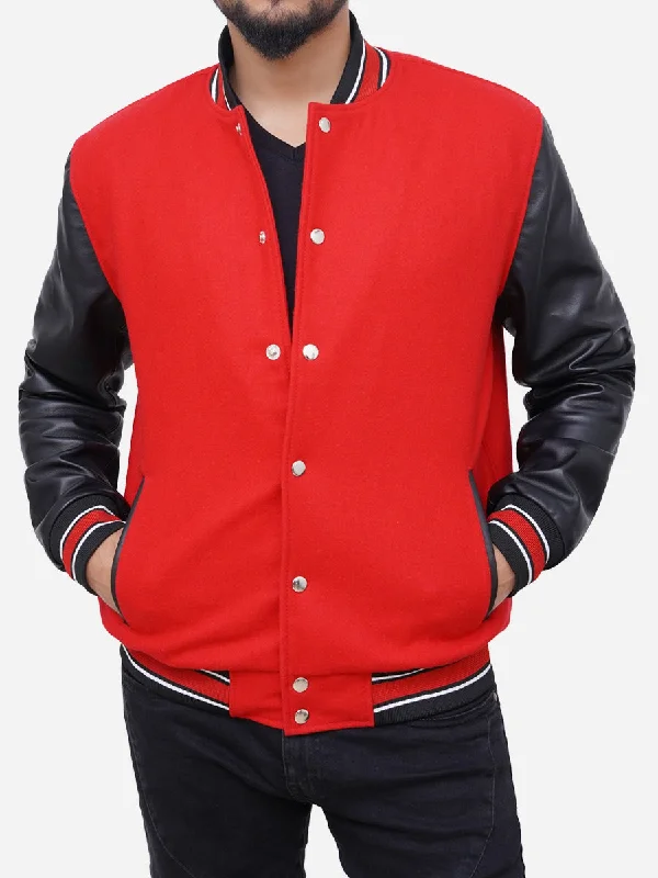 Men jackets with a built - in hood that can be stowed away when not in useIzael Wool Blended Red and Black Varsity Jacket Men jackets with a built - in hood that can be stowed away when not in useIzael Wool Blended Red and Black Varsity Jacket