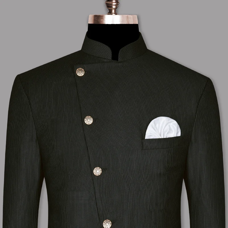 Jade Black Pinstriped Cross Placket Bandhgala/Mandarin Wool-Silk blend Blazer