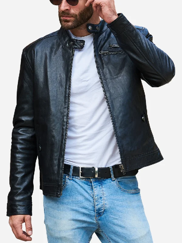 Down - filled men jackets in bright colors for winter fashionJasiel Sheepskin Black Leather Racer Jacket Down - filled men jackets in bright colors for winter fashionJasiel Sheepskin Black Leather Racer Jacket