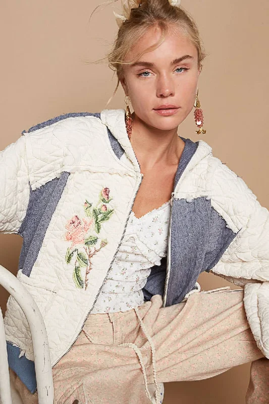 Tall Men's White Linen Blazer with Gold Buttons for a Beach - Ready and Elegant LookCream + Navy Long Sleeve Quilting Embroidery Hoodie Jacket