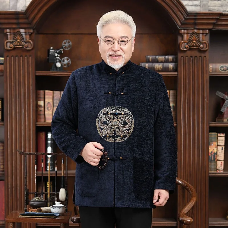 Mandarin Collar Dragon Embroidery Corduroy Traditional Chinese Jacket Father Coat