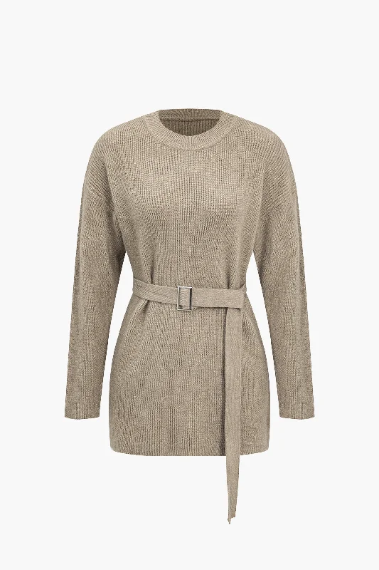 Solid Knit Belted Long-Sleeve Top