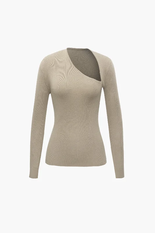 Solid Knit Asymmetrical Long-Sleeve Top