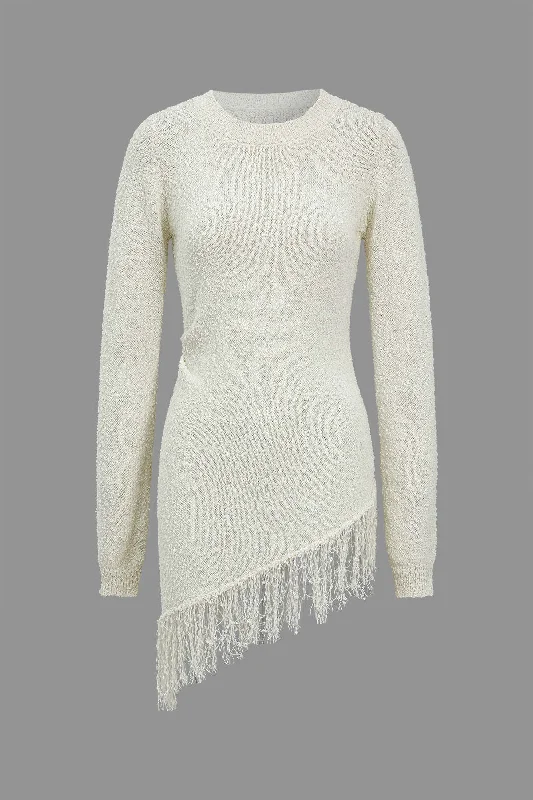 Solid Sweater Fringe Asymmetrical Long-Sleeve Top