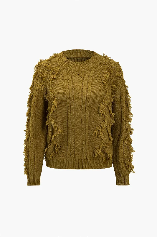 Solid Fringe Sweater Long-Sleeve Top