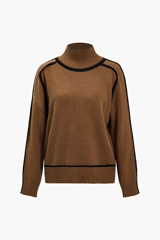 Knit Contrast Binding High Neck Long-Sleeve Top