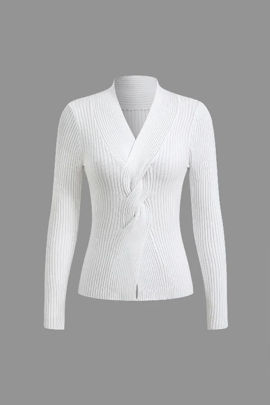 Solid Knit V-Neck Long-Sleeve Top