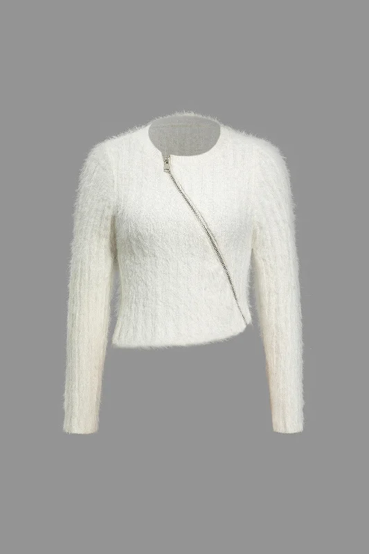 Asymmetrical Zip Fuzzy Knit Jacket