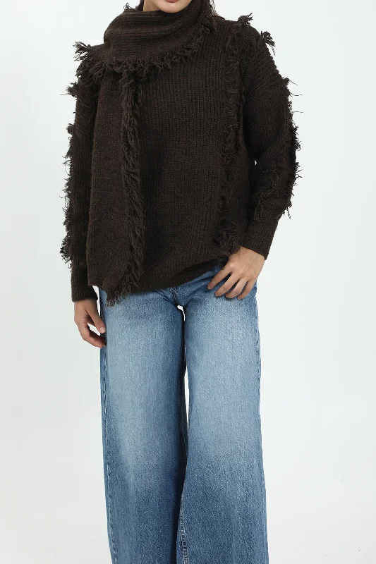 Men's knit tops with a button - up collar for a preppy style​Fringe-Trim Knit Sweater With Scarf