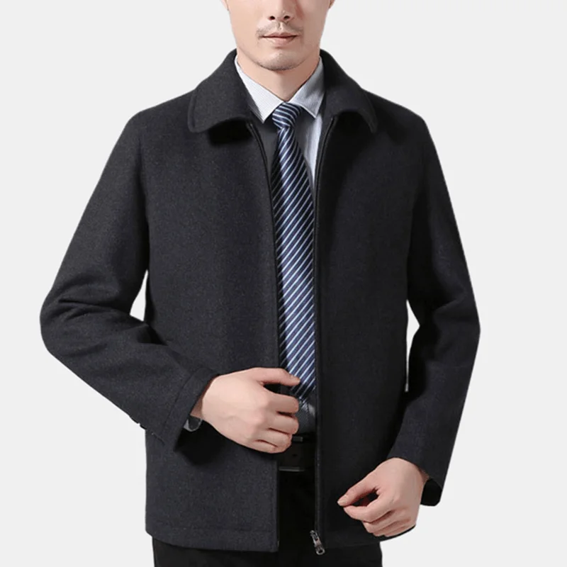 Mens Business Wool Solid Color Turn down Collar Jacket