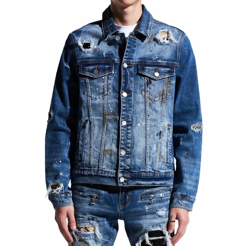 Men jackets with a media - friendly pocket for easy access to gadgetsMen's Crawley Denim Jacket In Indigo Patchwork Men jackets with a media - friendly pocket for easy access to gadgetsMen's Crawley Denim Jacket In Indigo Patchwork