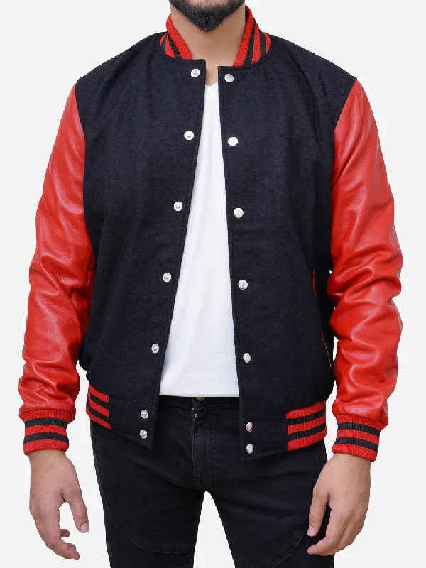 Plus - size men jackets with adjustable drawstrings for a comfortable fitMen's Wool Blended Black and Red Varsity Jacket Plus - size men jackets with adjustable drawstrings for a comfortable fitMen's Wool Blended Black and Red Varsity Jacket