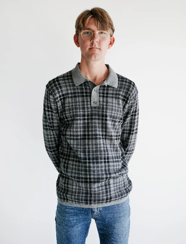 Men's knit tops with a jacquard pattern for elegance​LS Merino Polo Charcoal Plaid