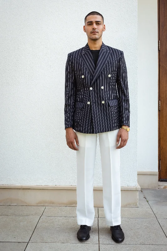 Men's Patterned Checkered Cotton Blazer in Multicolor for a Stylish and Trendy AppearanceNavy Blue Double Breasted Striped Blazer. Men's Patterned Checkered Cotton Blazer in Multicolor for a Stylish and Trendy AppearanceNavy Blue Double Breasted Striped Blazer.