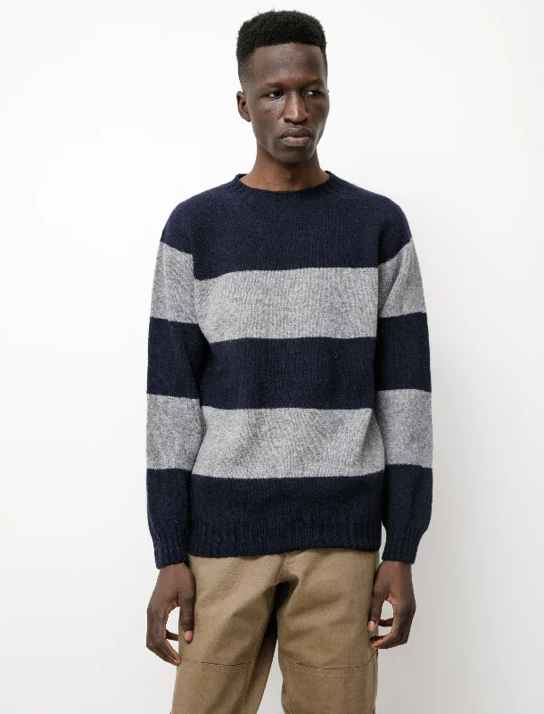 Henley - style men's knit tops with button placketsBlock Stripe Shetland Sweater New Navy Grey Henley - style men's knit tops with button placketsBlock Stripe Shetland Sweater New Navy Grey