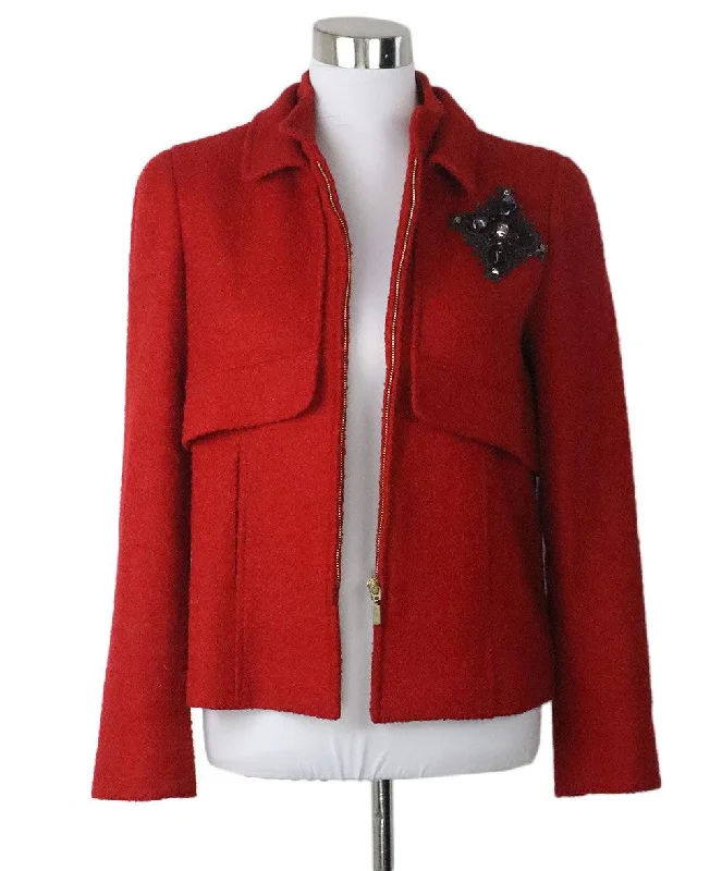Plus Size Men's Herringbone Patterned Blazer in Grey for a Timeless and Sophisticated AppearanceOscar De La Renta Red Wool Jacket w/ Beaded Trim sz 8
