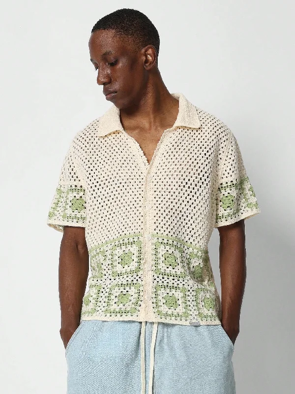 Button Through Crochet Colour Block Shirt