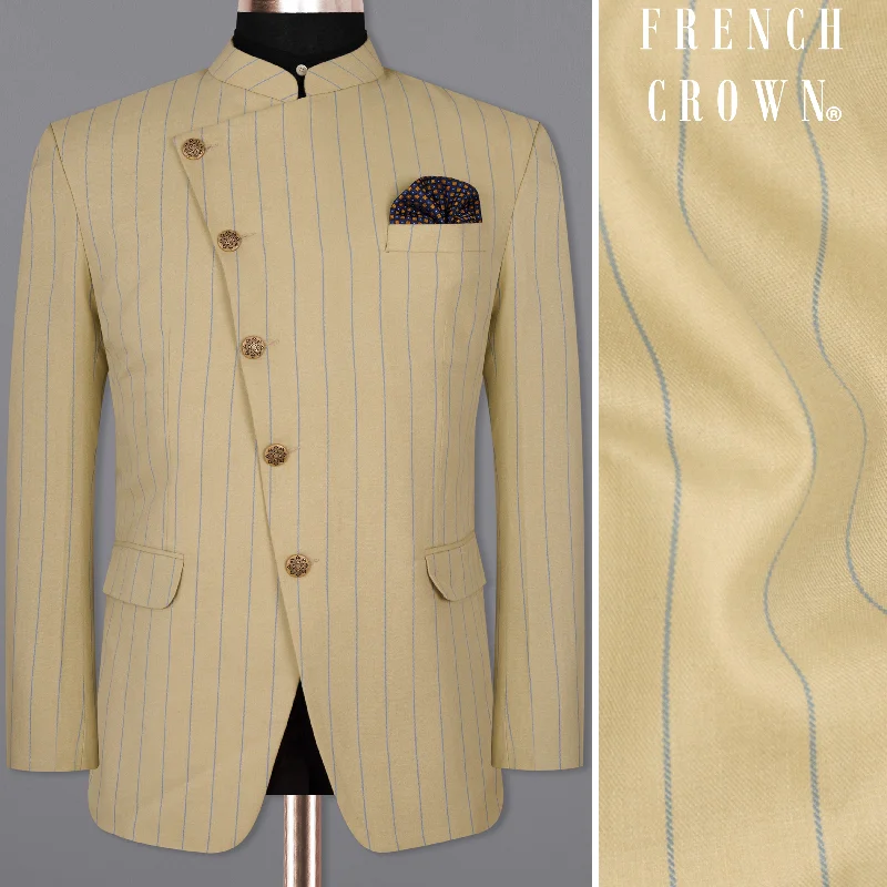 Pavlova Cream Striped Woolrich Cross Placket Bandhgala Blazer