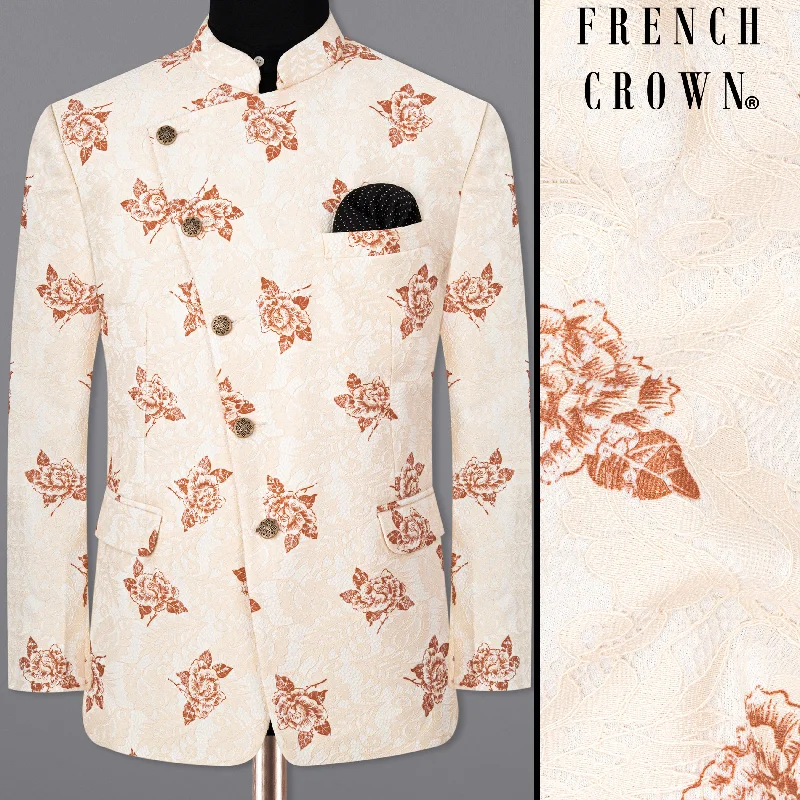 Pearl Bush Floral Printed and Textured Cross Placket Bandhgala Blazer