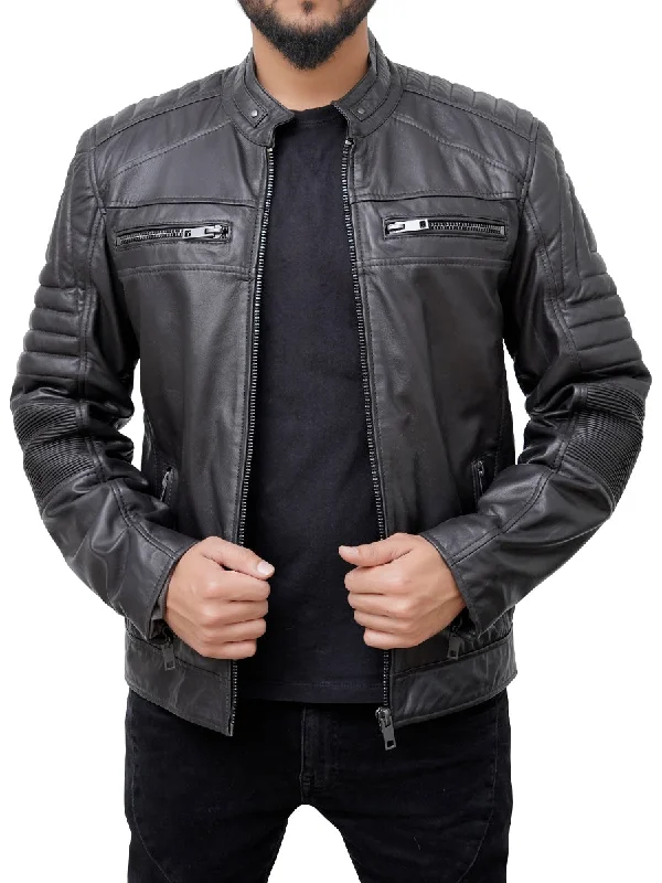 Men jackets with a hidden interior pocket for secure storageRaymond Padded Black Vintage Leather Motorcycle Jacket Men jackets with a hidden interior pocket for secure storageRaymond Padded Black Vintage Leather Motorcycle Jacket