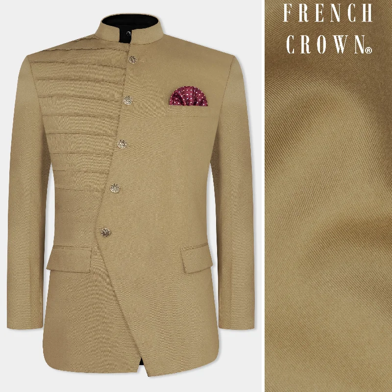 Men's Linen - Cotton Blend Blazer in Tan with Roll - Up Sleeves for a Laid - Back Summer LookSandrift Brown Wool Rich Bandhgala Designer Blazer